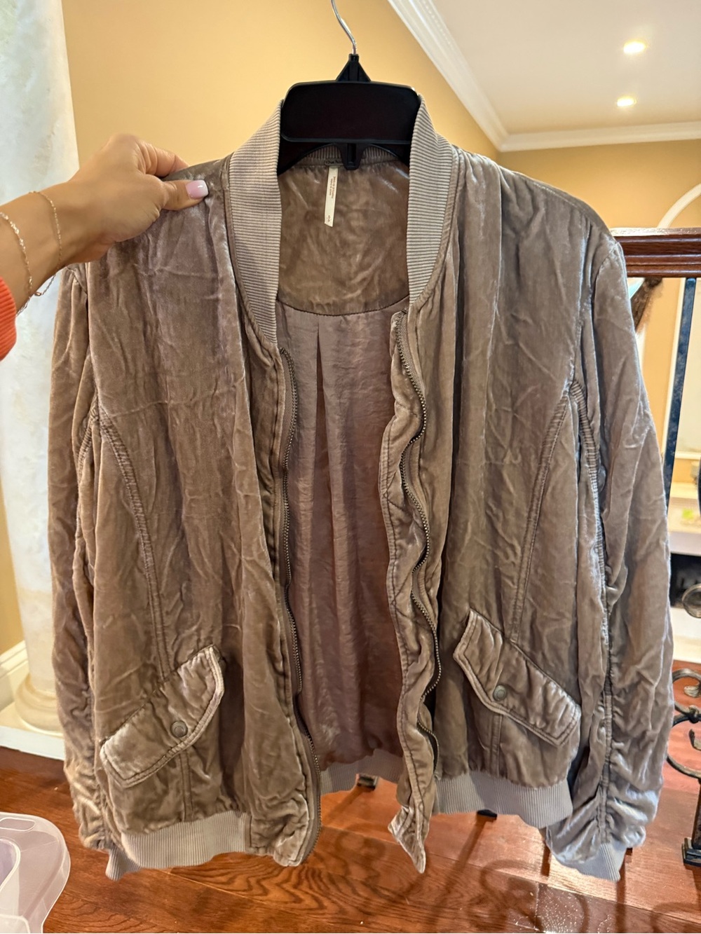 Free People Taupe Velvet Bomber Jacket